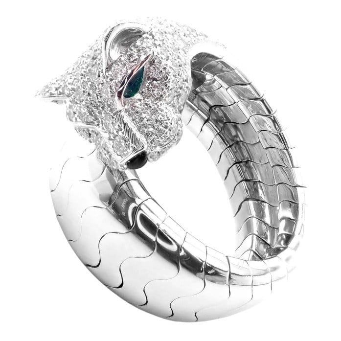 Cartier Jewelry & Watches:Fine Jewelry:Rings Authentic! Cartier Panther 18k White Gold Diamond Emerald Onyx Band Ring Cert.