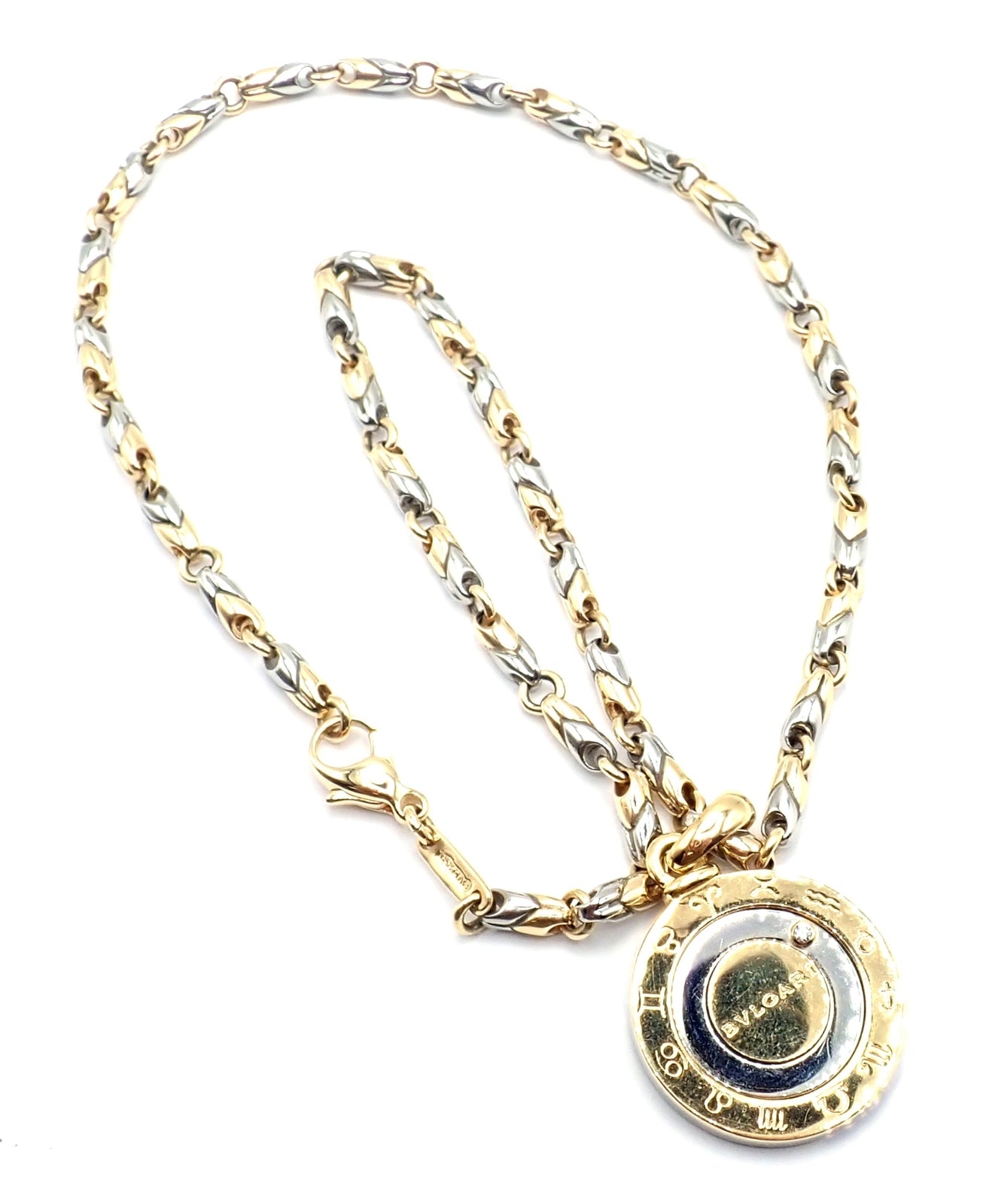 Authentic! Bulgari Bvlgari 18k Yellow Gold Steel Diamond Zodiac Pendant Necklace | Fortrove