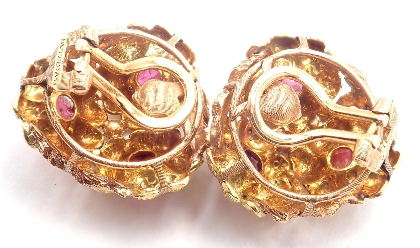 Authentic! Vintage Buccellati 18k Yellow Gold Carved Ruby Flower Earrings | Fortrove