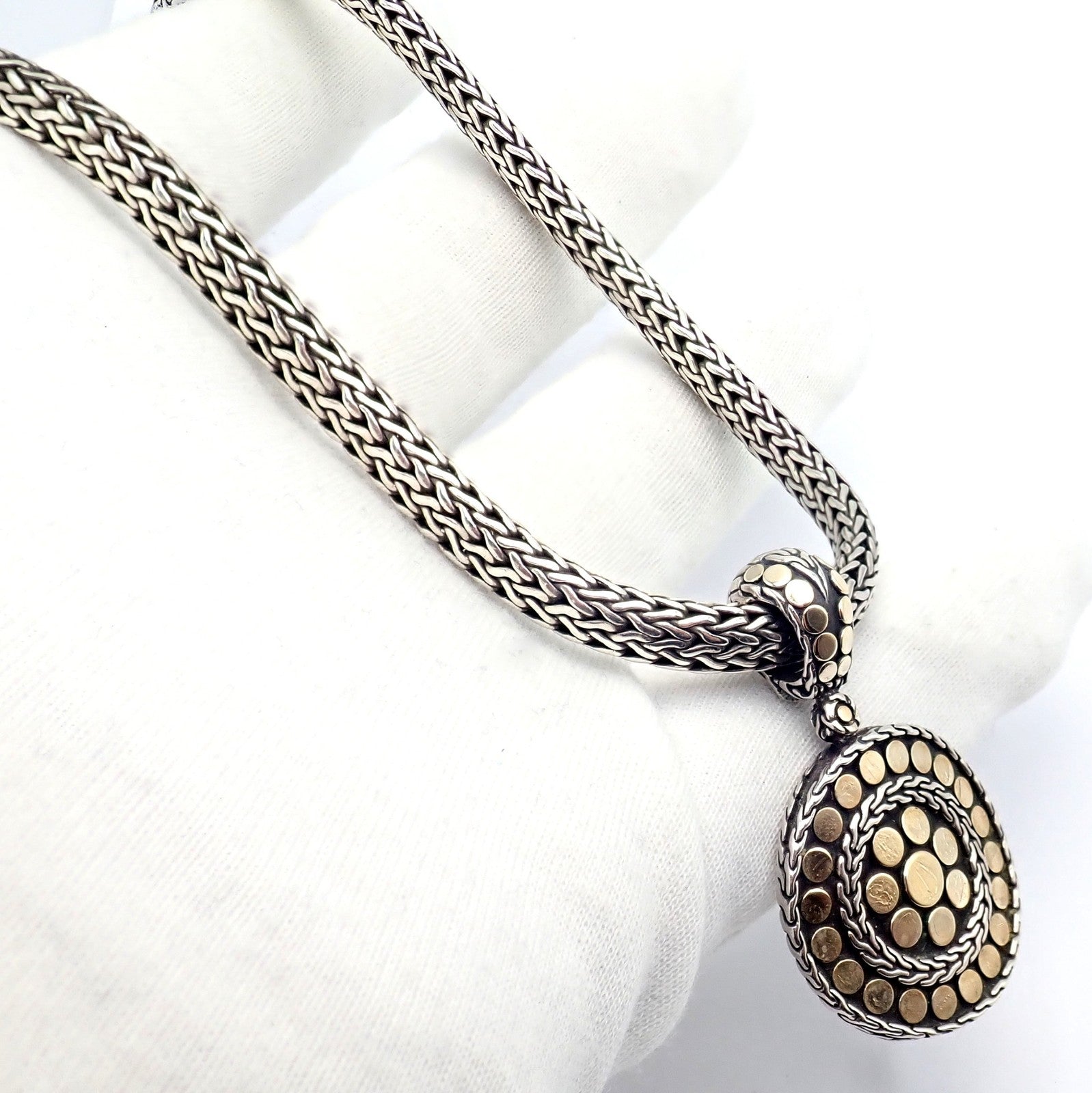 Authentic! John Hardy JH 18k Yellow Gold Silver Dot Pendant And Necklace | Fortrove
