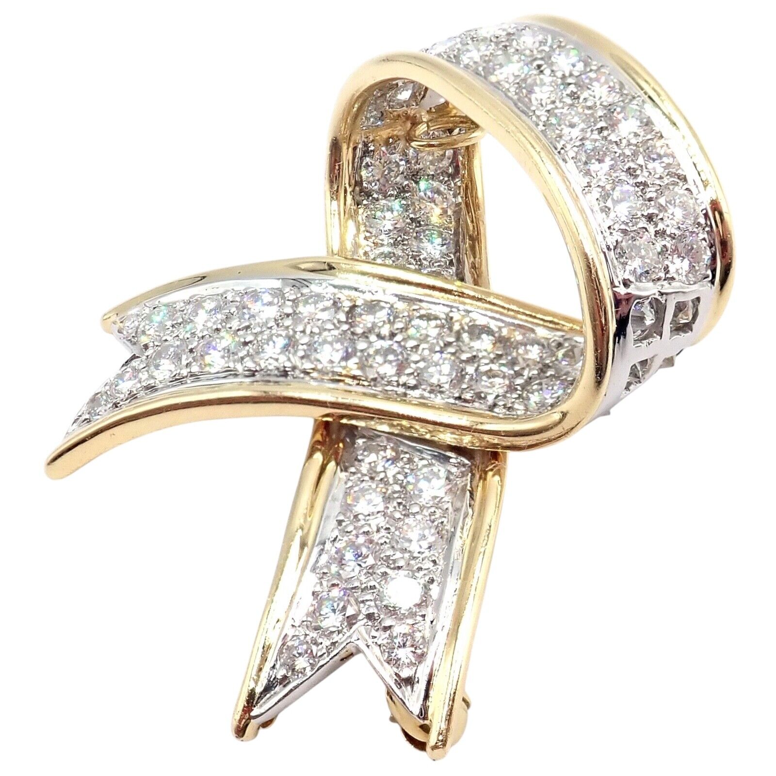 Vintage! Tiffany & Co 18k Yellow Gold Platinum Diamond Ribbon Bow Pin Brooch | Fortrove