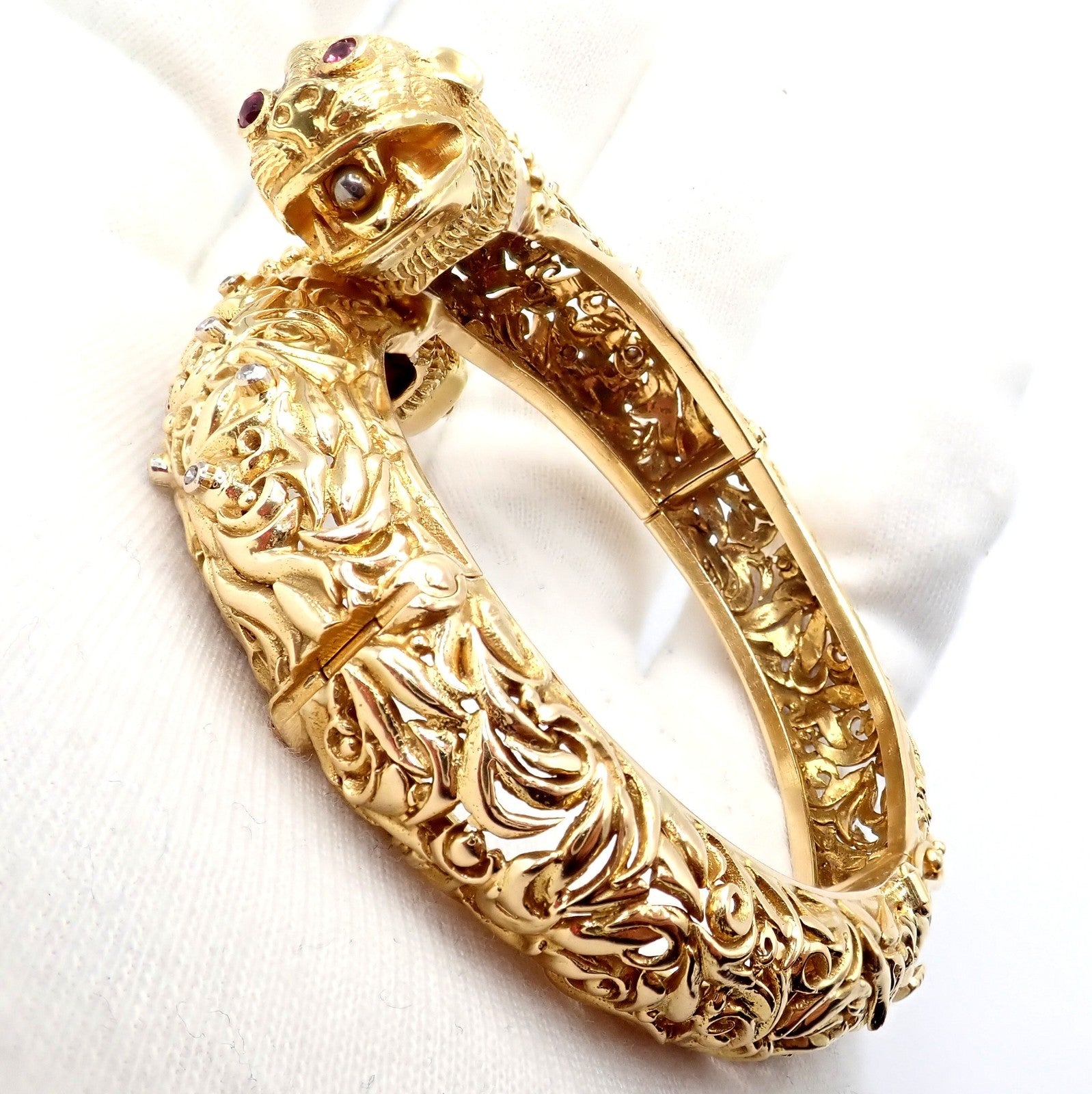 Rare Ilias Lalaounis 18k Yellow Gold Double Chimera Diamond Ruby Bangle Bracelet | Fortrove
