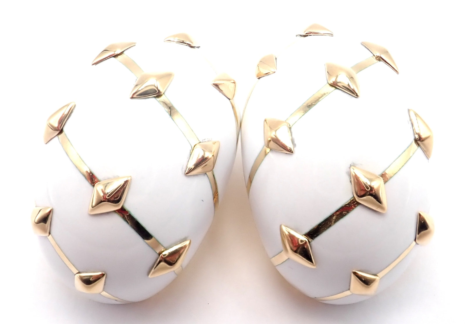 Tiffany & Co Schlumberger Dot Losange 18k Yellow Gold White Enamel Hoop Earrings | Fortrove