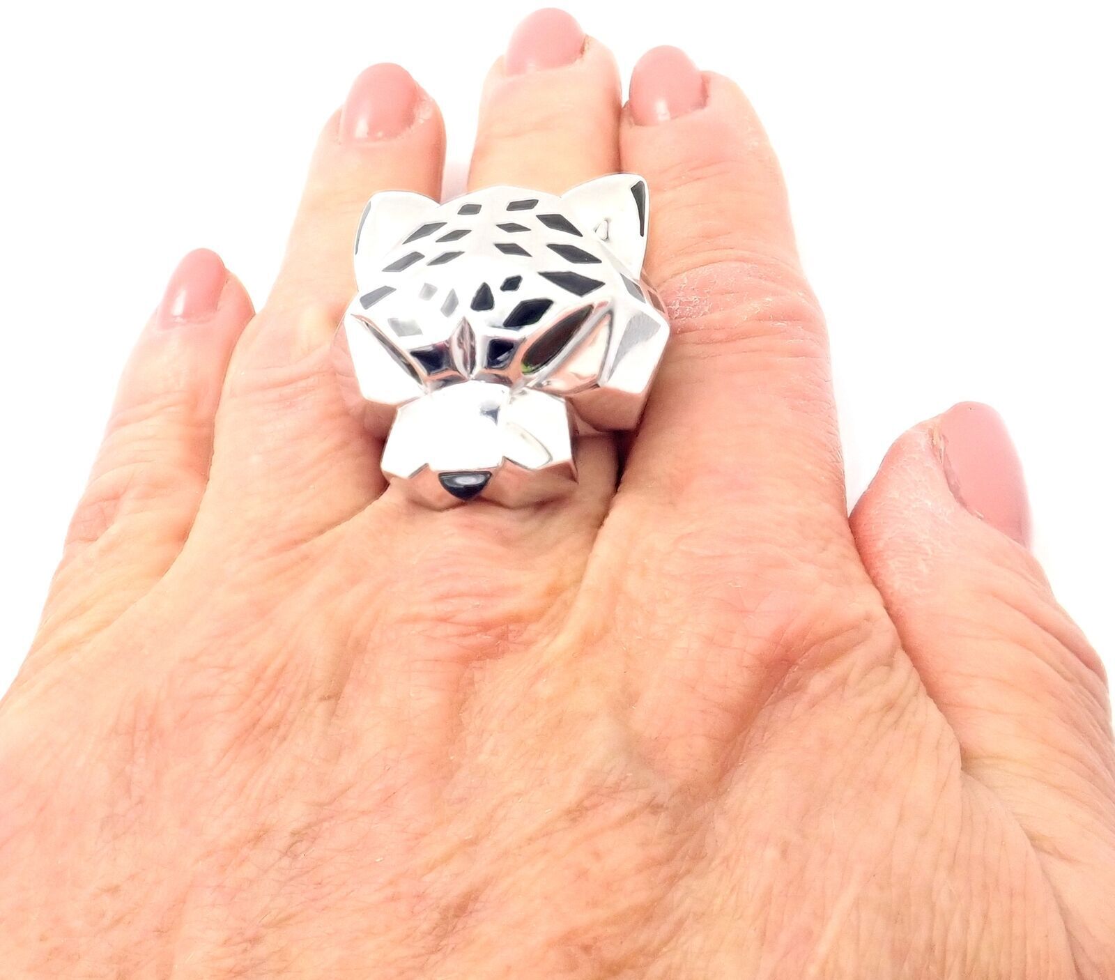 Cartier Panther Panthere 18k White Gold Peridot Onyx Lacquer Large Ring Cert | Fortrove
