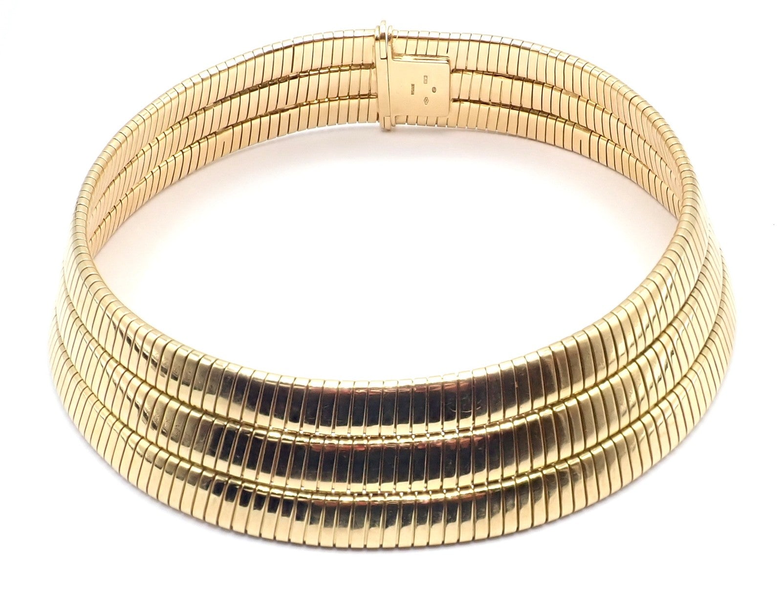 Authentic! Bvlgari Bulgari Three Rows Tubogas 18k Yellow Gold Choker Necklace | Fortrove