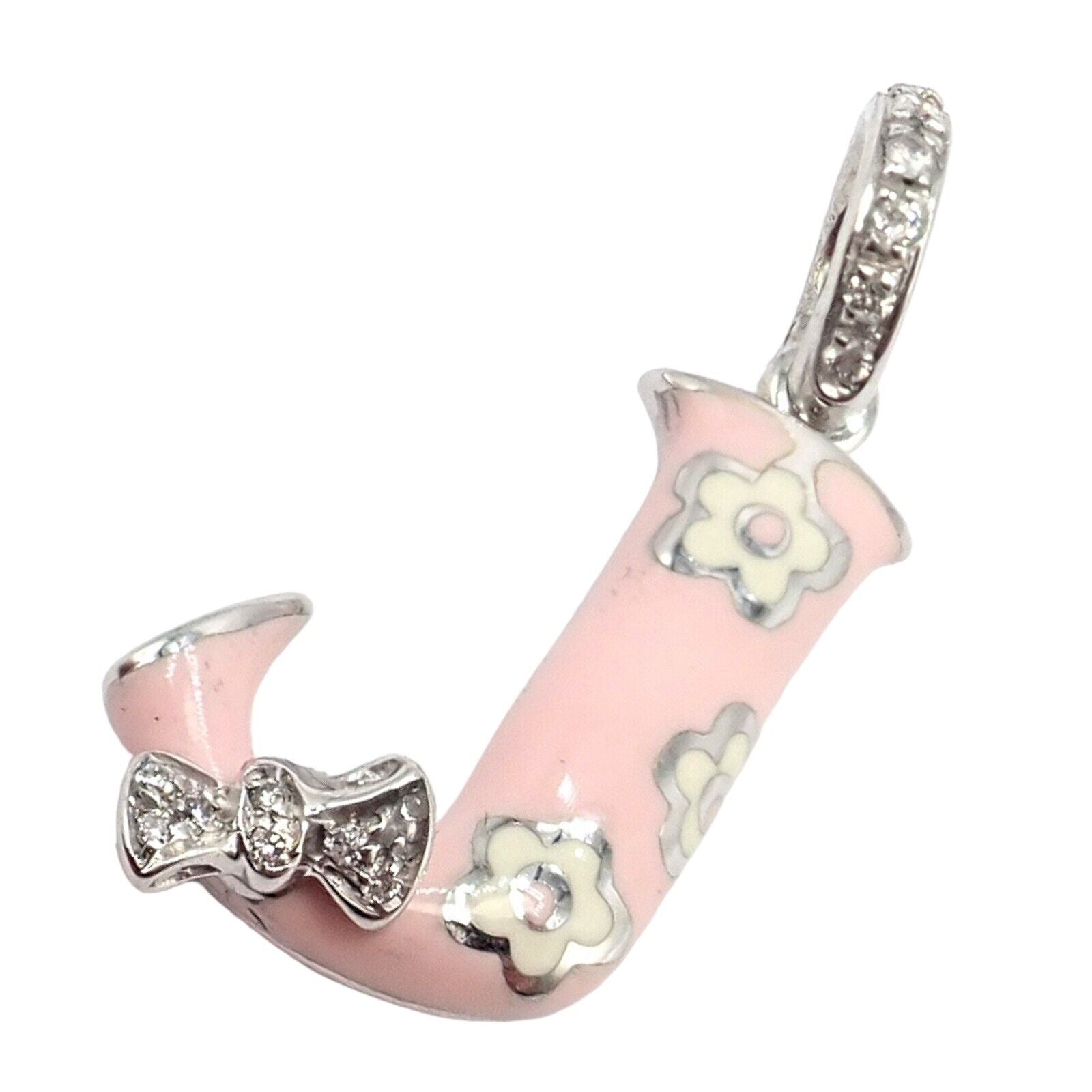 Aaron Basha 18k White Gold Diamond Pink Enamel Baby J Initial Charm Pendant | Fortrove