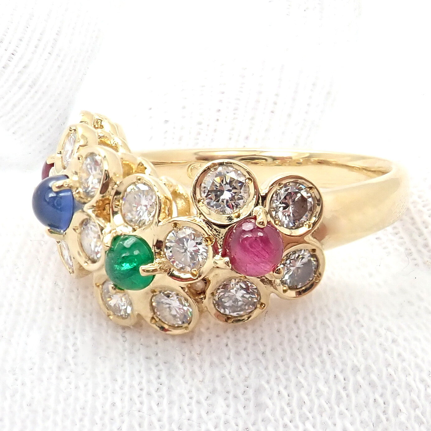 Rare! Authentic Christian Dior 18k Yellow Gold Ruby Emerald Diamond Flower Ring | Fortrove