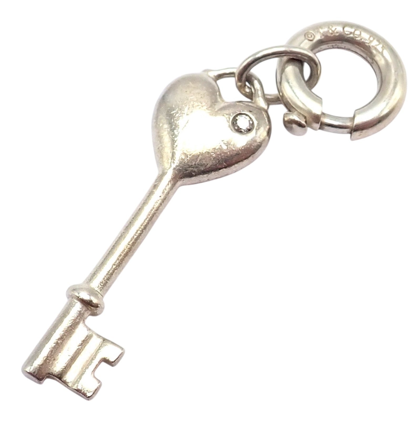 Tiffany & Co. Silver Diamond Key Heart Charm Pendant + Spring Ring Clasp | Fortrove