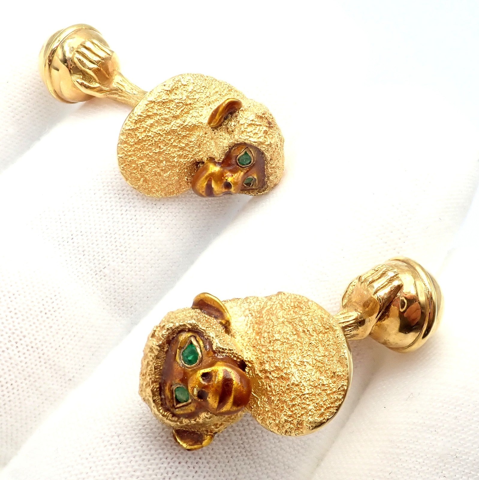 Vintage Tiffany & Co. 18k Yellow Gold Emerald Enamel Monkey Cufflinks 1991 | Fortrove
