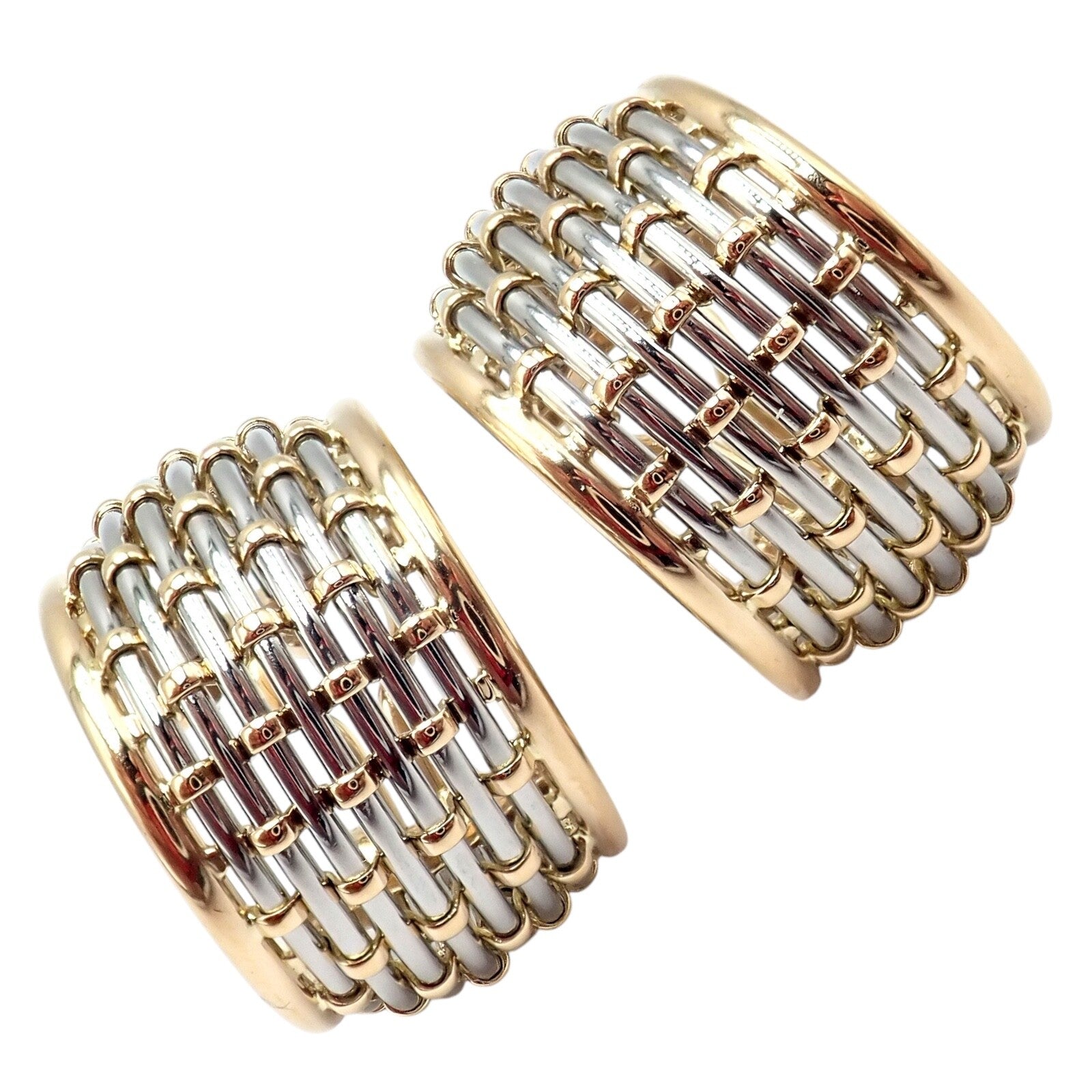 Authentic! Cartier 18k Yellow Gold + SS Basket Weave Ring + Earrings Set | Fortrove