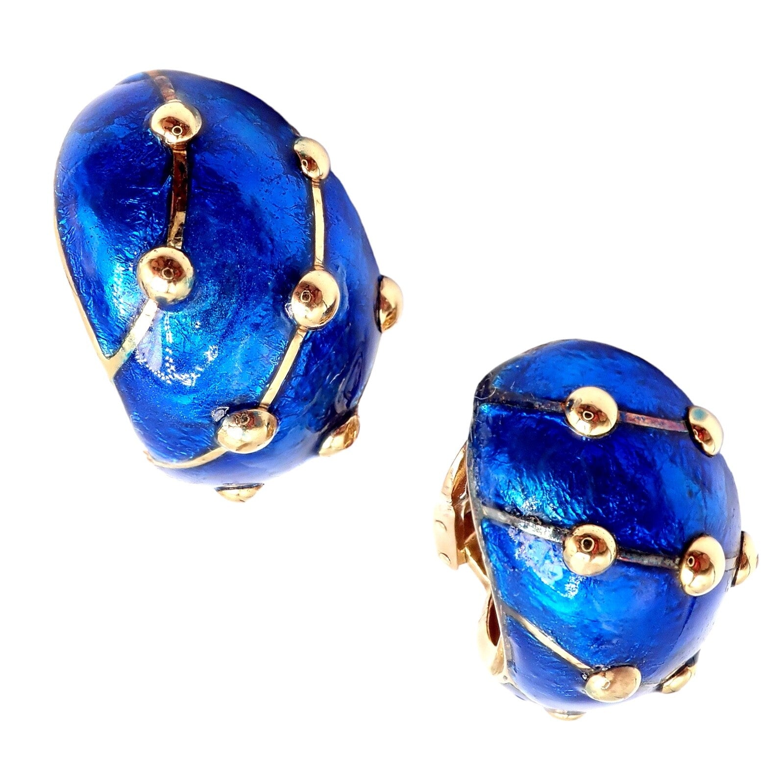 Rare Tiffany & Co Schlumberger 18k Yellow Gold Large Blue Enamel Banana Earrings | Fortrove