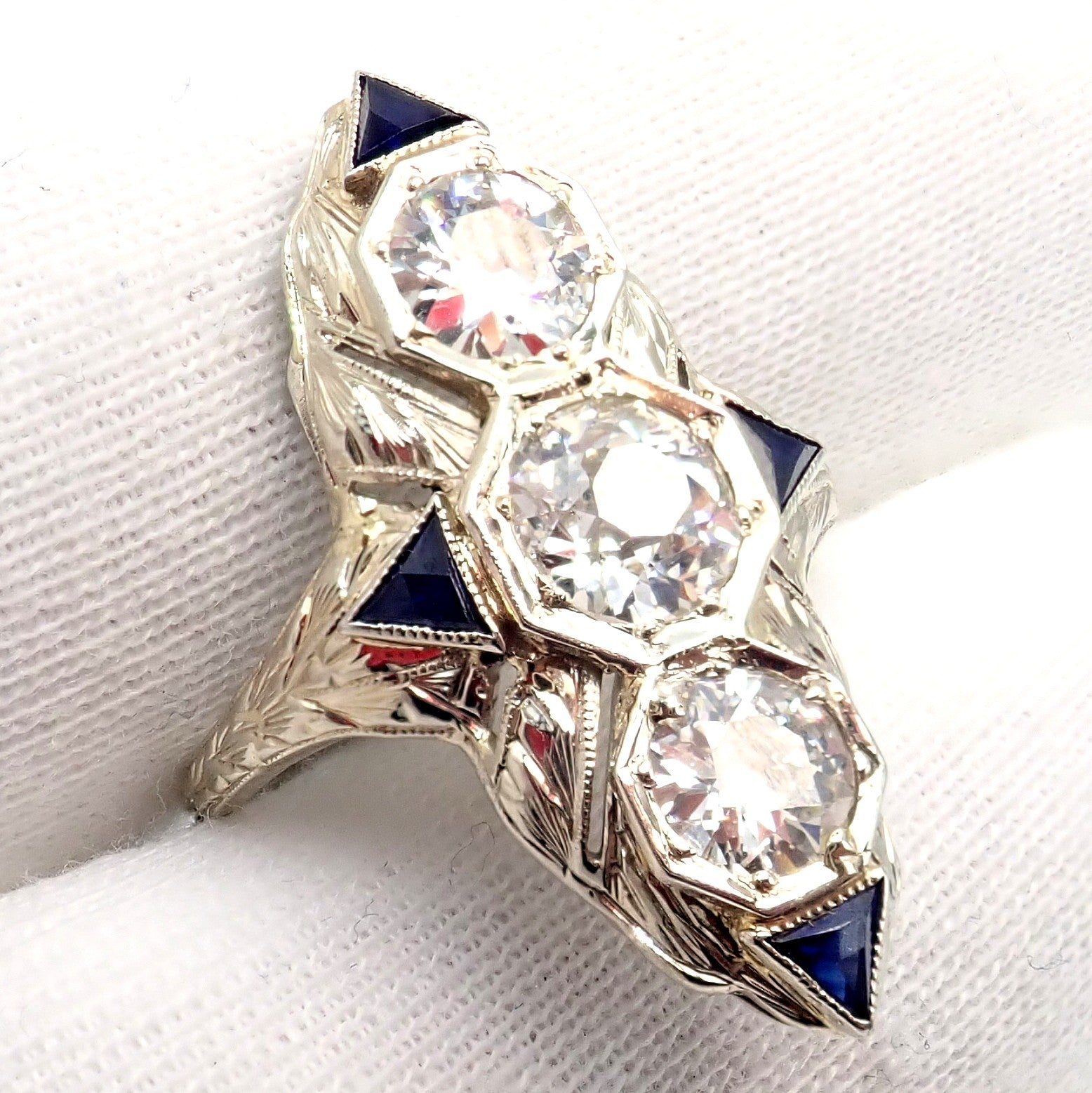 Vintage Estate 20k White Gold Diamond 2ctw Sapphire Art Deco Ring sz 7 | Fortrove