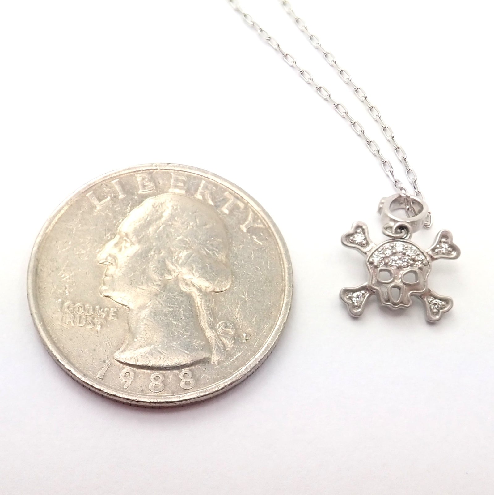 Authentic! Loree Rodkin 18k White Gold Diamond Skull Crossbones Pendant Necklace | Fortrove