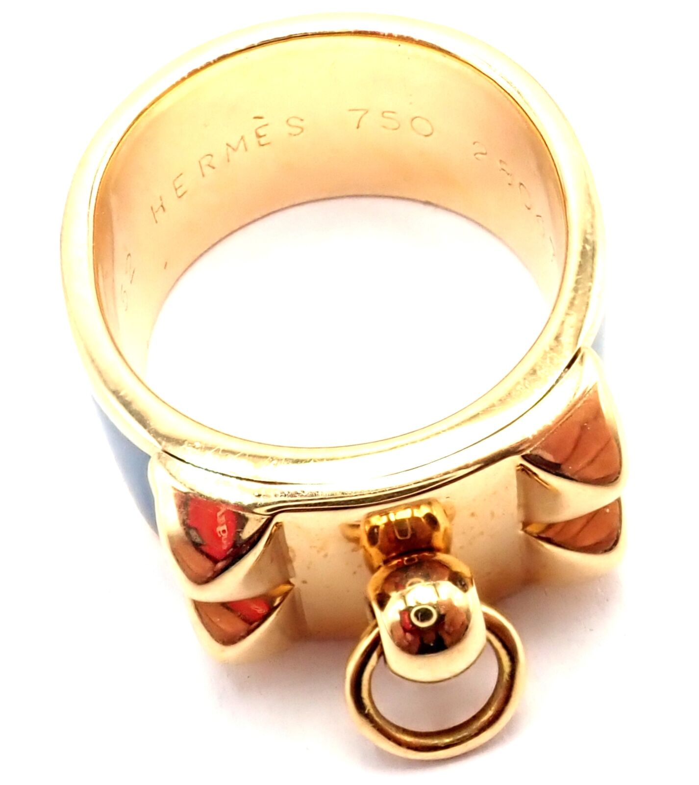 Authentic! Hermes Collier de Chien 18K Yellow Gold Blue Enamel Band Ring Size 6 | Fortrove