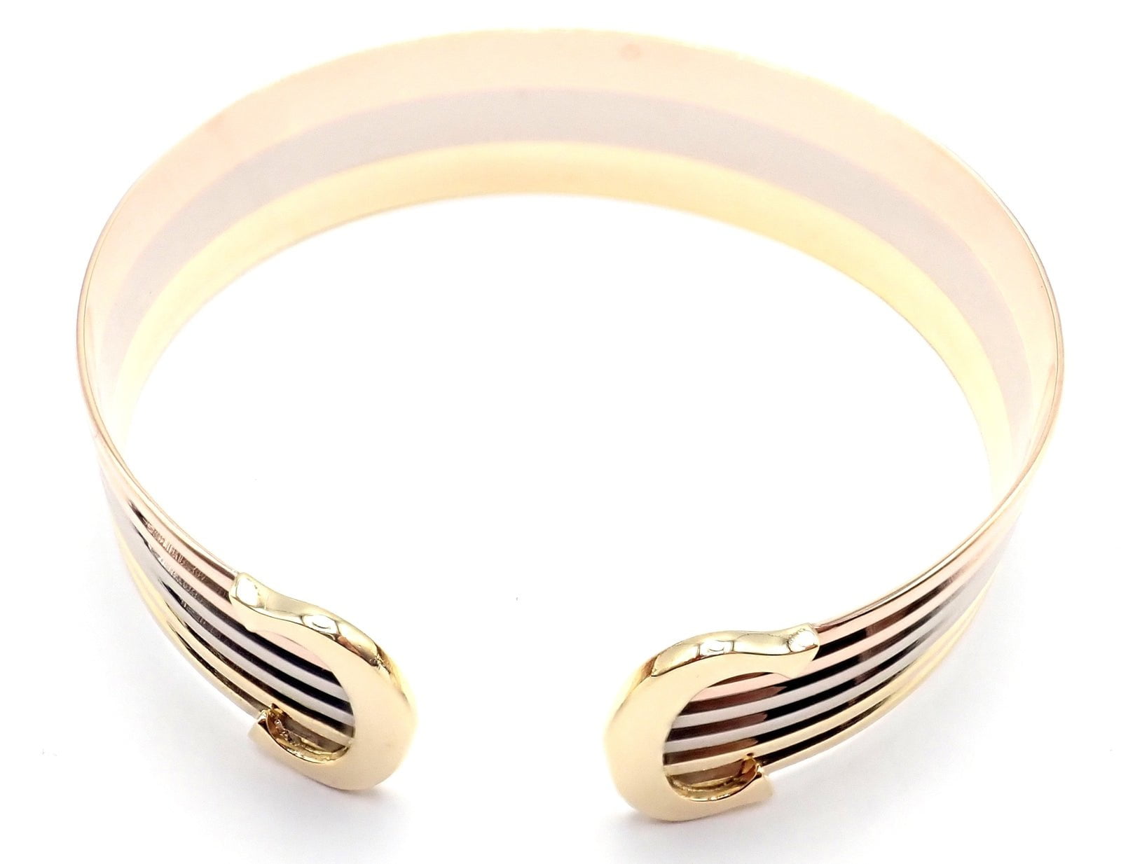 Authentic! Cartier 18k Tri-Color Gold Double C Wide Cuff Bangle Bracelet | Fortrove