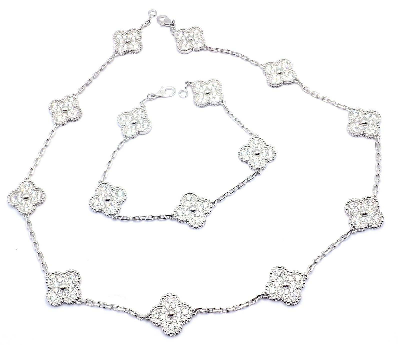 Van Cleef & Arpels Jewelry & Watches:Fine Jewelry:Jewelry Sets Van Cleef & Arpels 18k Gold Vintage Alhambra Diamond Necklace Bracelet Set Cert.