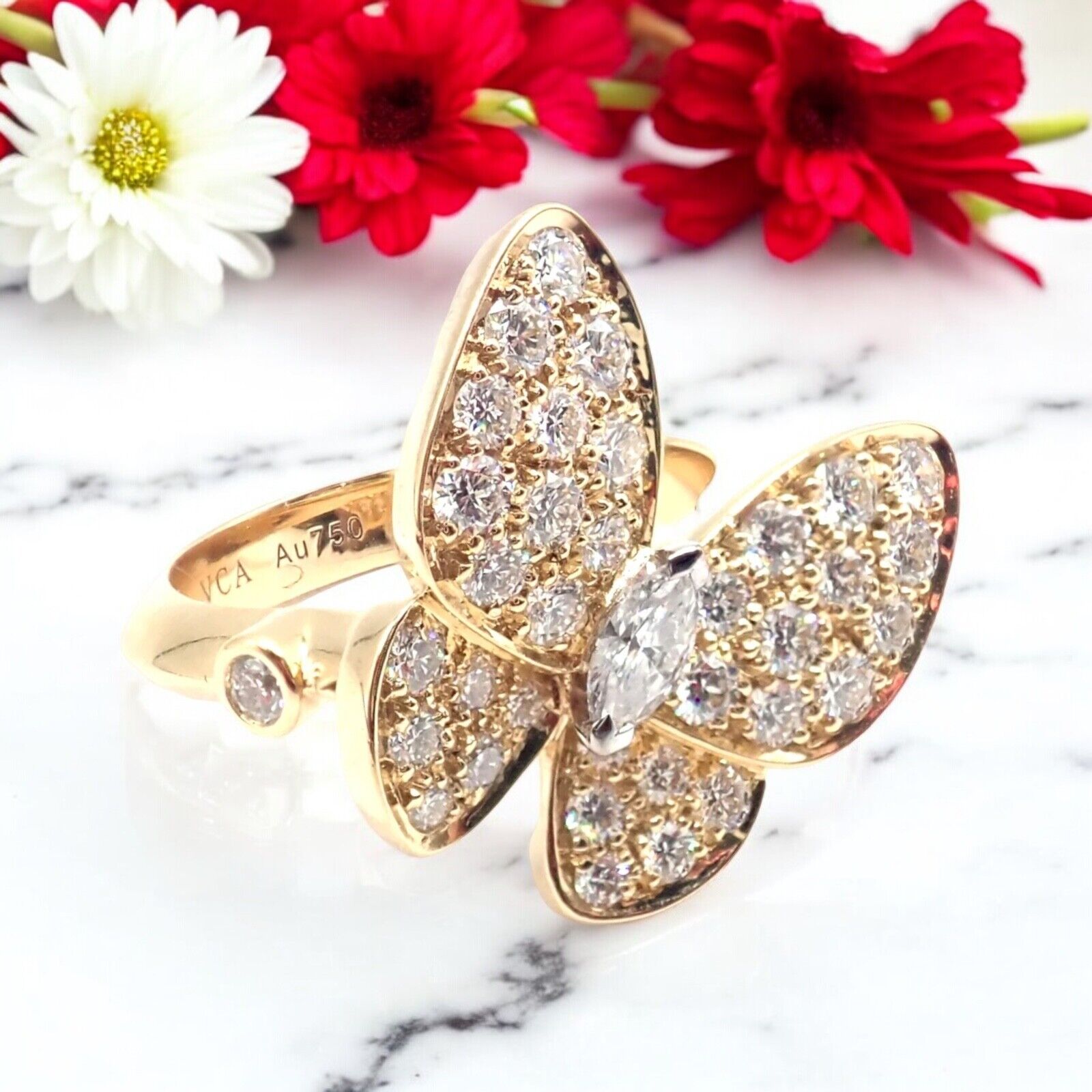 Authentic! Van Cleef & Arpels 18k Yellow Gold Diamond Two Butterfly Ring Cert. | Fortrove