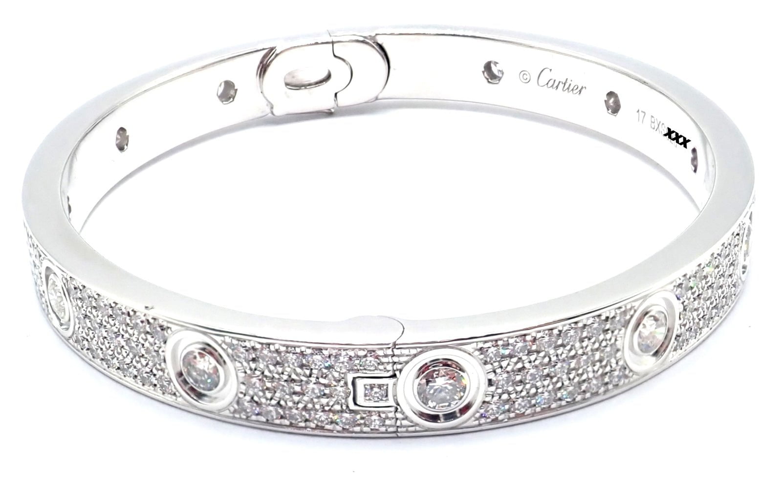 Authentic! Cartier Love 18k White Gold Diamond Pave Bangle Bracelet Sz 17 Paper | Fortrove