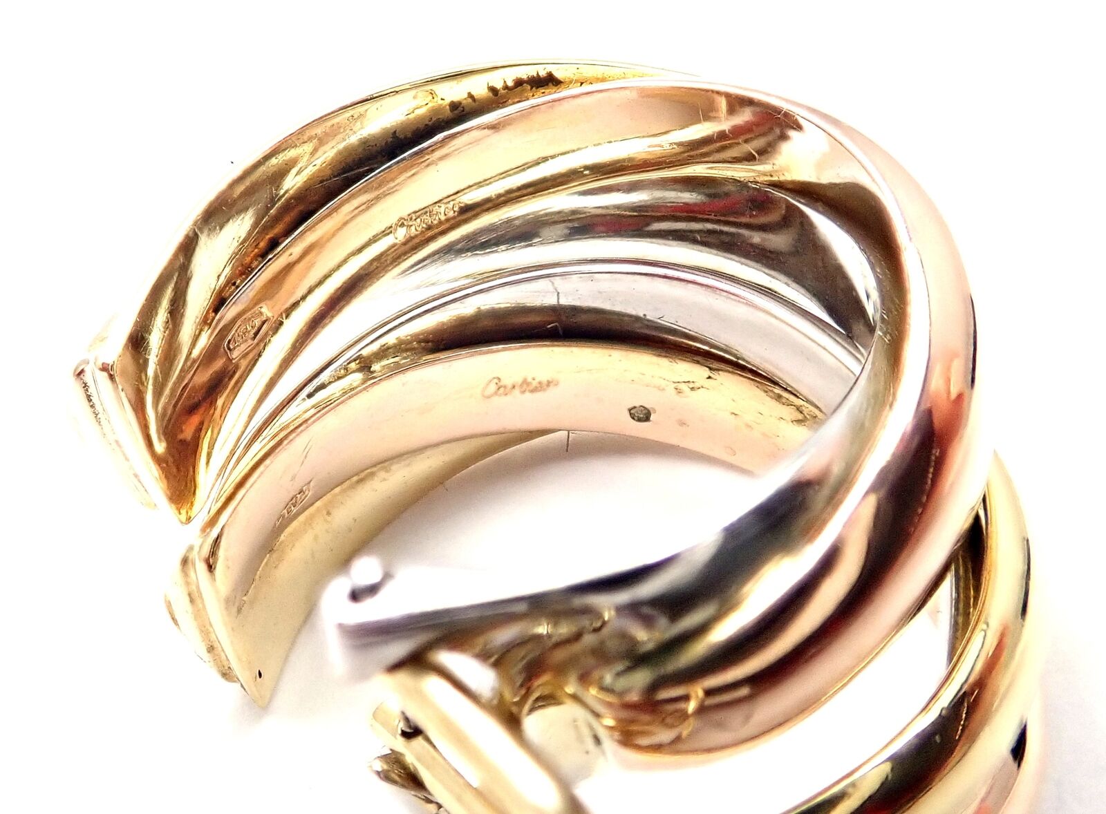 Authentic! Cartier 18k Tri-Color Gold Medium Size Trinity Hoop Earrings | Fortrove