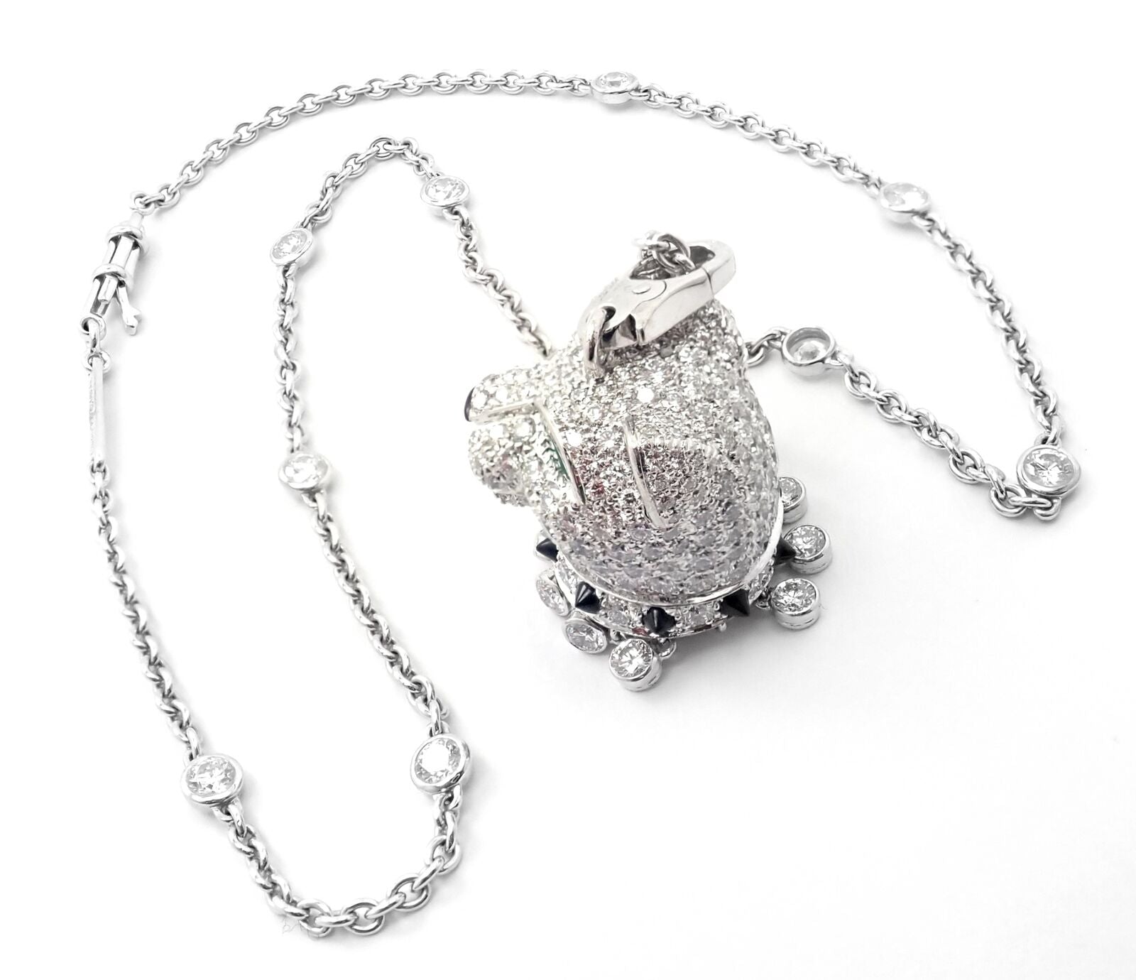 Authentic! Cartier Panther 18k White Gold Diamond Emerald Onyx Pendant Necklace | Fortrove