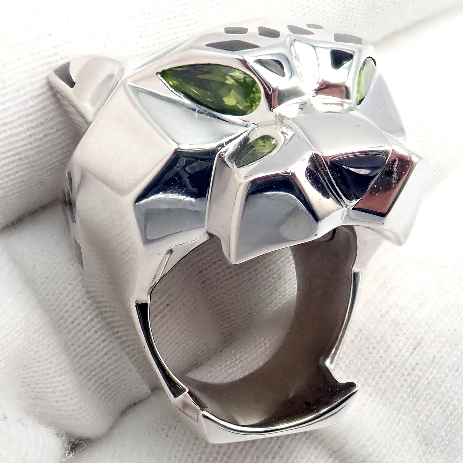 Cartier Jewelry & Watches:Fine Jewelry:Rings Cartier Panther Panthere 18k White Gold Peridot Onyx Lacquer Large Ring Cert