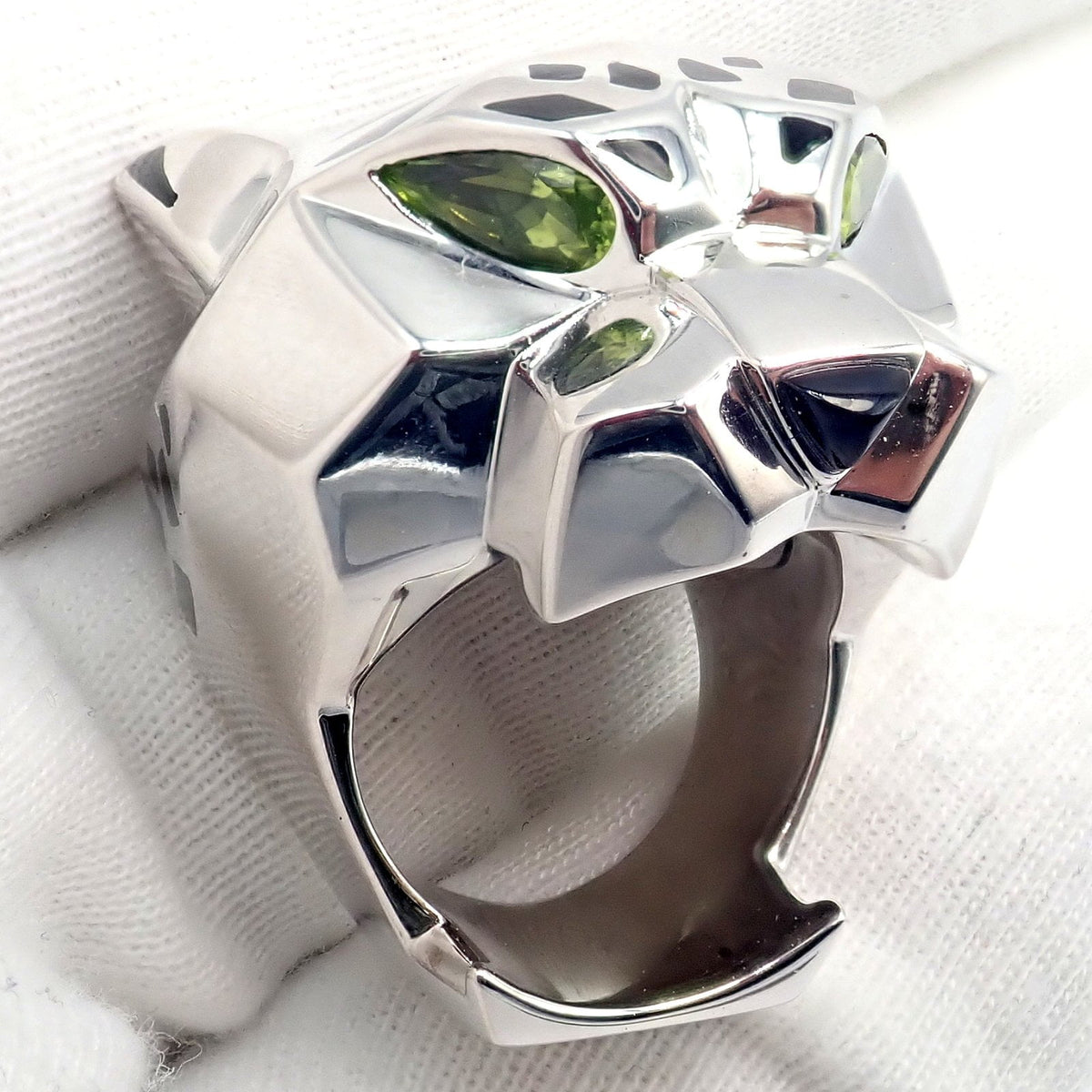 Cartier Jewelry & Watches:Fine Jewelry:Rings Cartier Panther Panthere 18k White Gold Peridot Onyx Lacquer Large Ring Cert