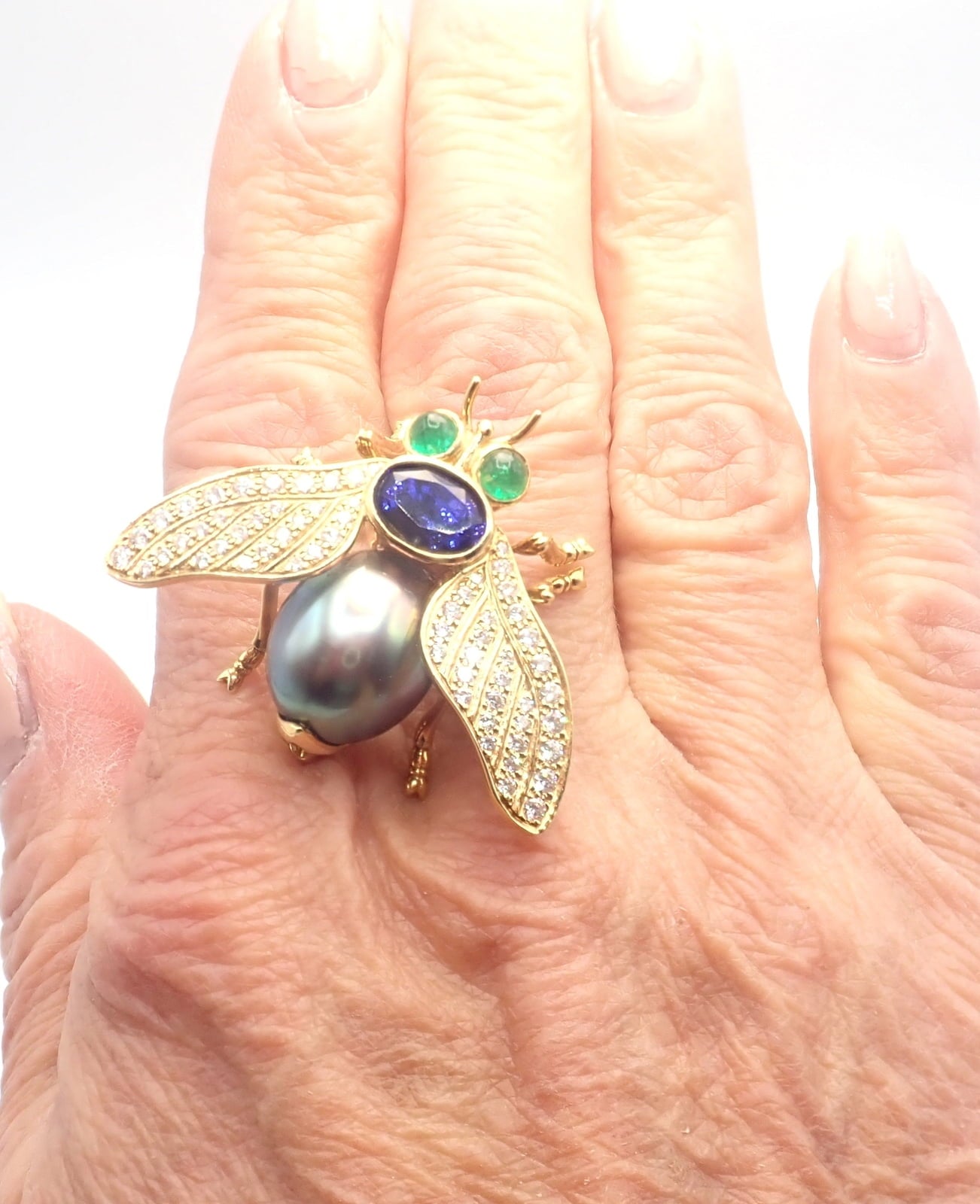 Tiffany & Co. Jewelry & Watches:Fine Jewelry:Brooches & Pins Tiffany & Co 18k Gold Diamond Tahitian Pearl Tanzanite Emerald Fly Pin Brooch
