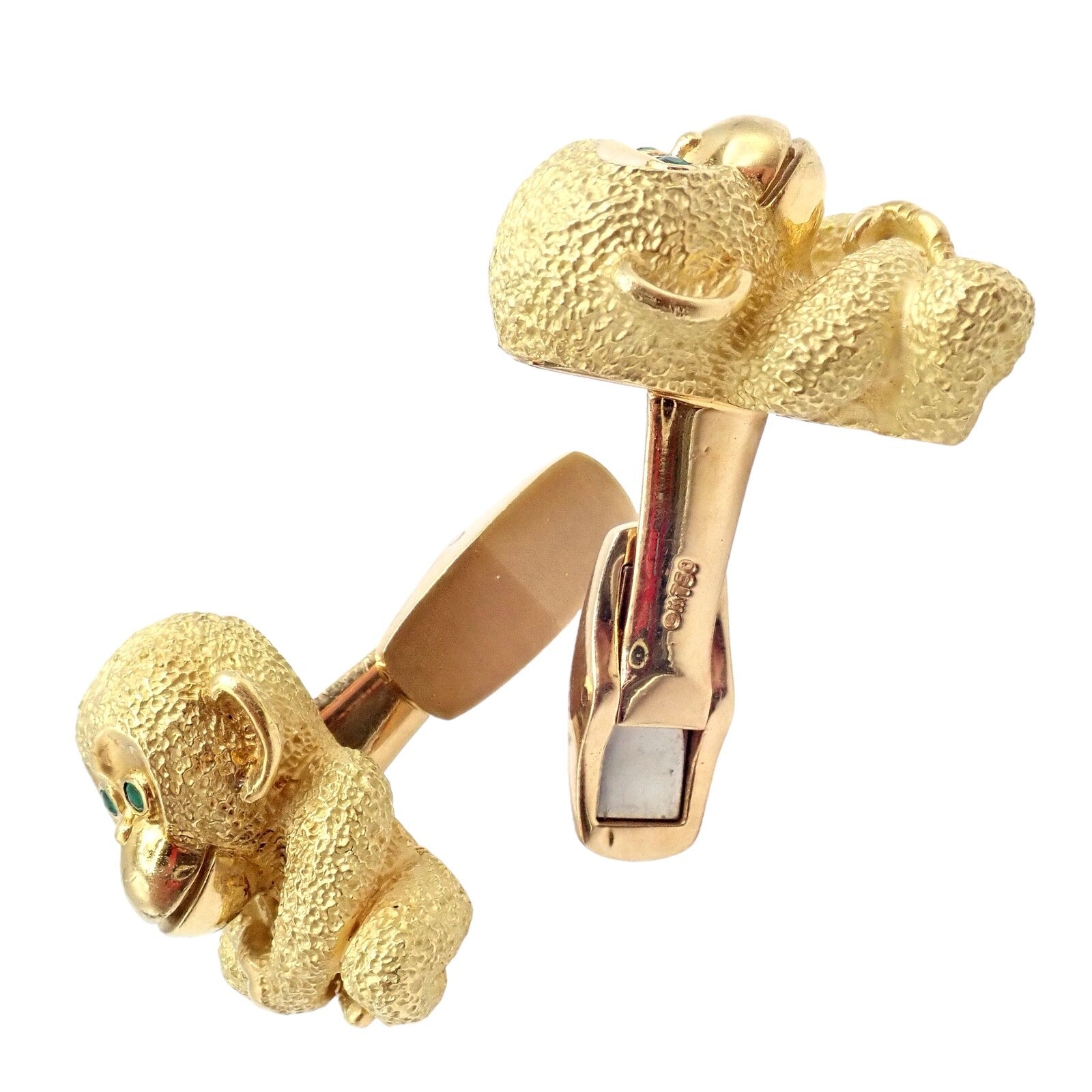 Authentic Kurt Wayne 18k Yellow Gold Emerald Whimsical Monkey Cufflinks | Fortrove