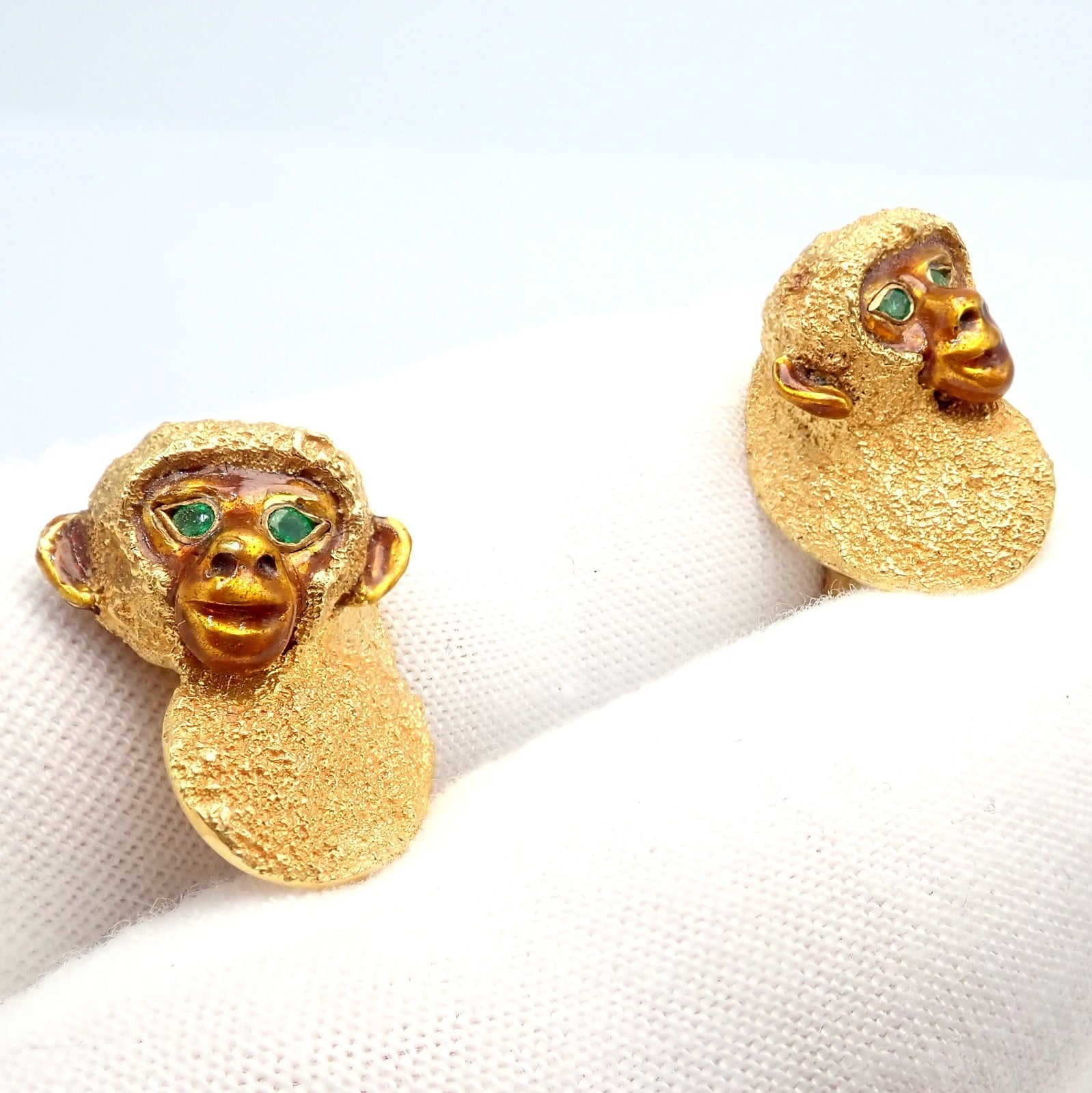 Tiffany & Co. Jewelry & Watches:Men's Jewelry:Cufflinks Vintage Tiffany & Co. 18k Yellow Gold Emerald Enamel Monkey Cufflinks 1991