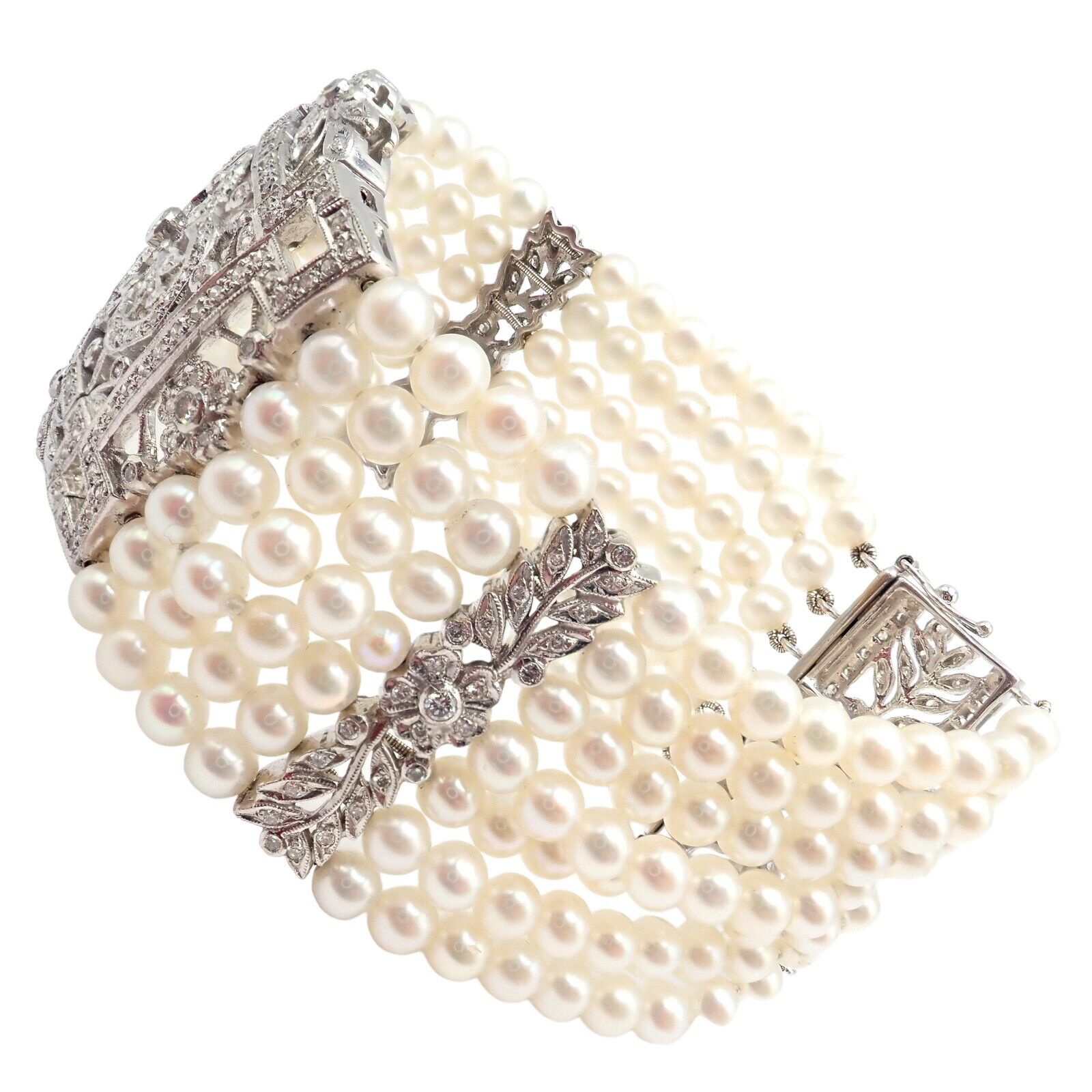 Vintage Estate 18k White Gold Diamond 7 Row 4.5mm Pearl Bracelet | Fortrove