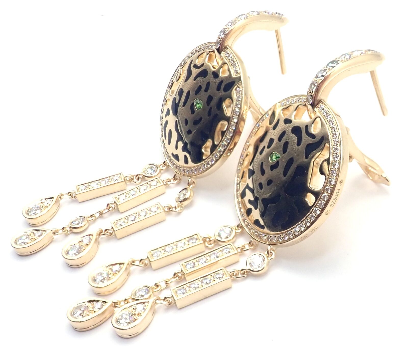 Authentic! Cartier Panther 18k Yellow Gold Diamond Lacquer Tsavorite Earrings | Fortrove