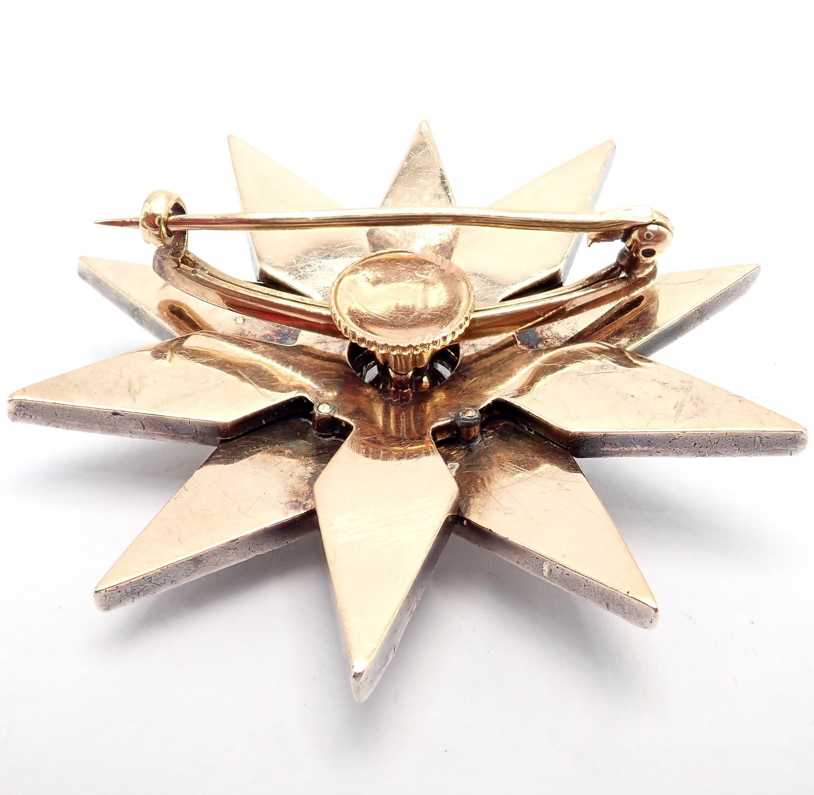 Antique 18k Gold + Silver Georgian Rose Cut Diamond Star Pin Brooch 1800's | Fortrove