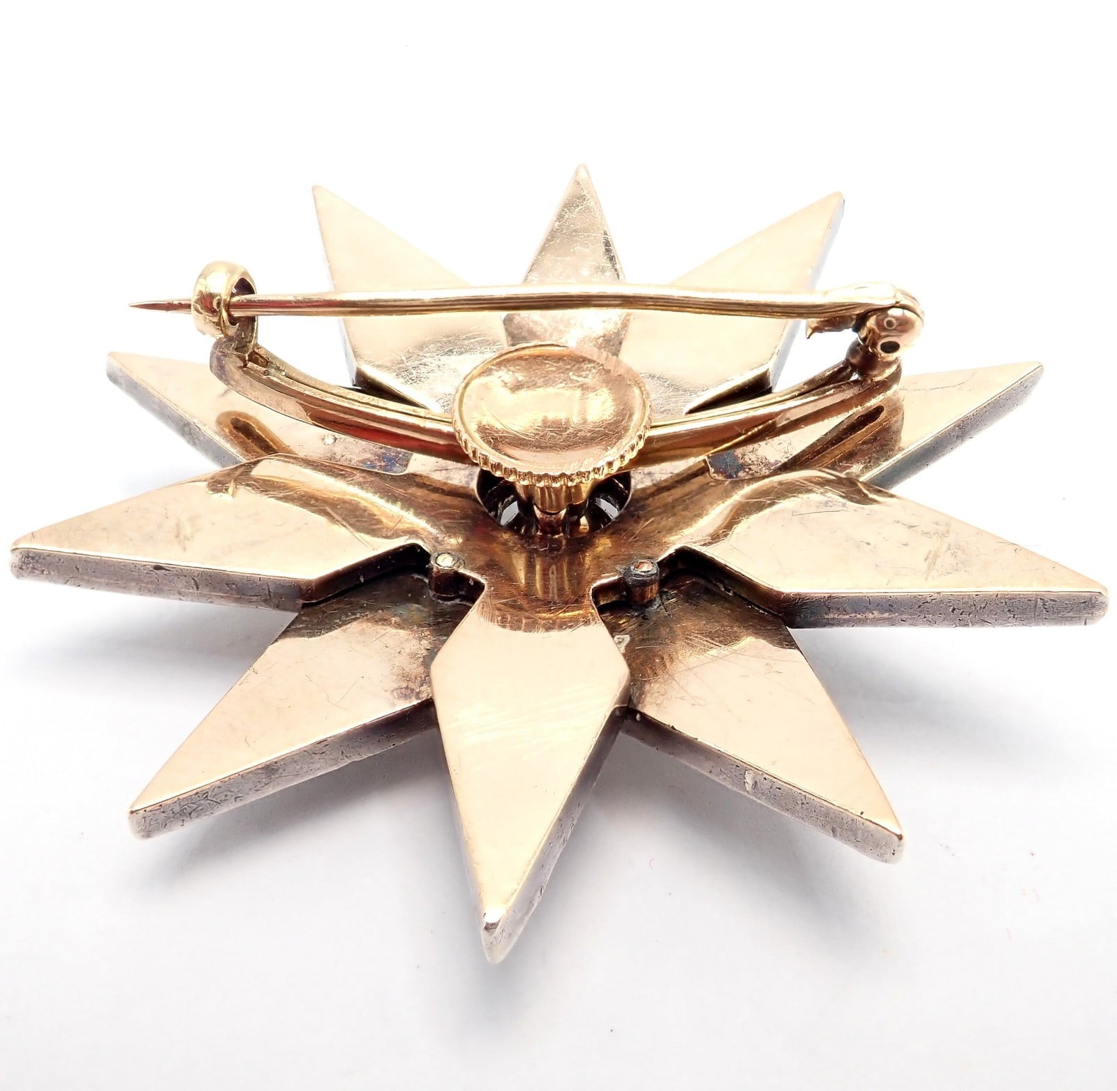 Estate Jewelry & Watches:Fine Jewelry:Brooches & Pins Antique 18k Gold + Silver Georgian Rose Cut Diamond Star Pin Brooch 1800's