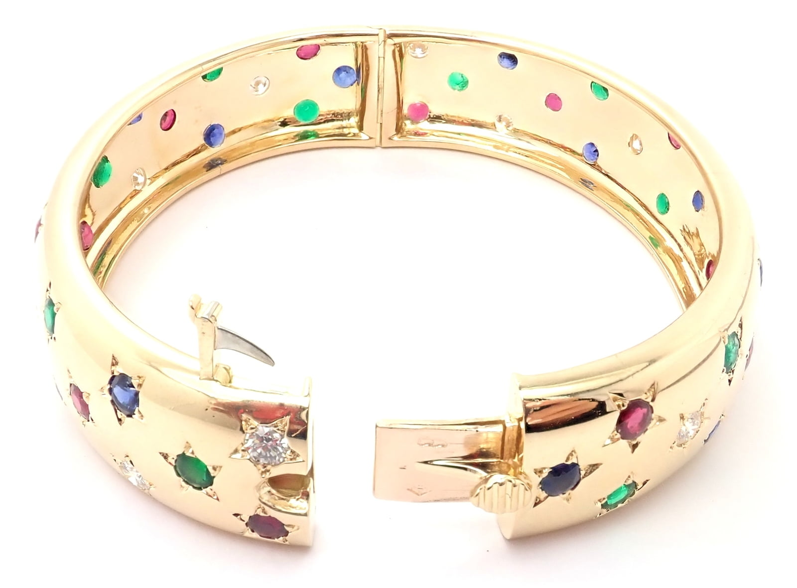 Cartier Jewelry & Watches:Fine Jewelry:Bracelets & Charms Cartier Star 18k Yellow Gold Diamond Ruby Emerald Sapphire Bangle Bracelet Cert.