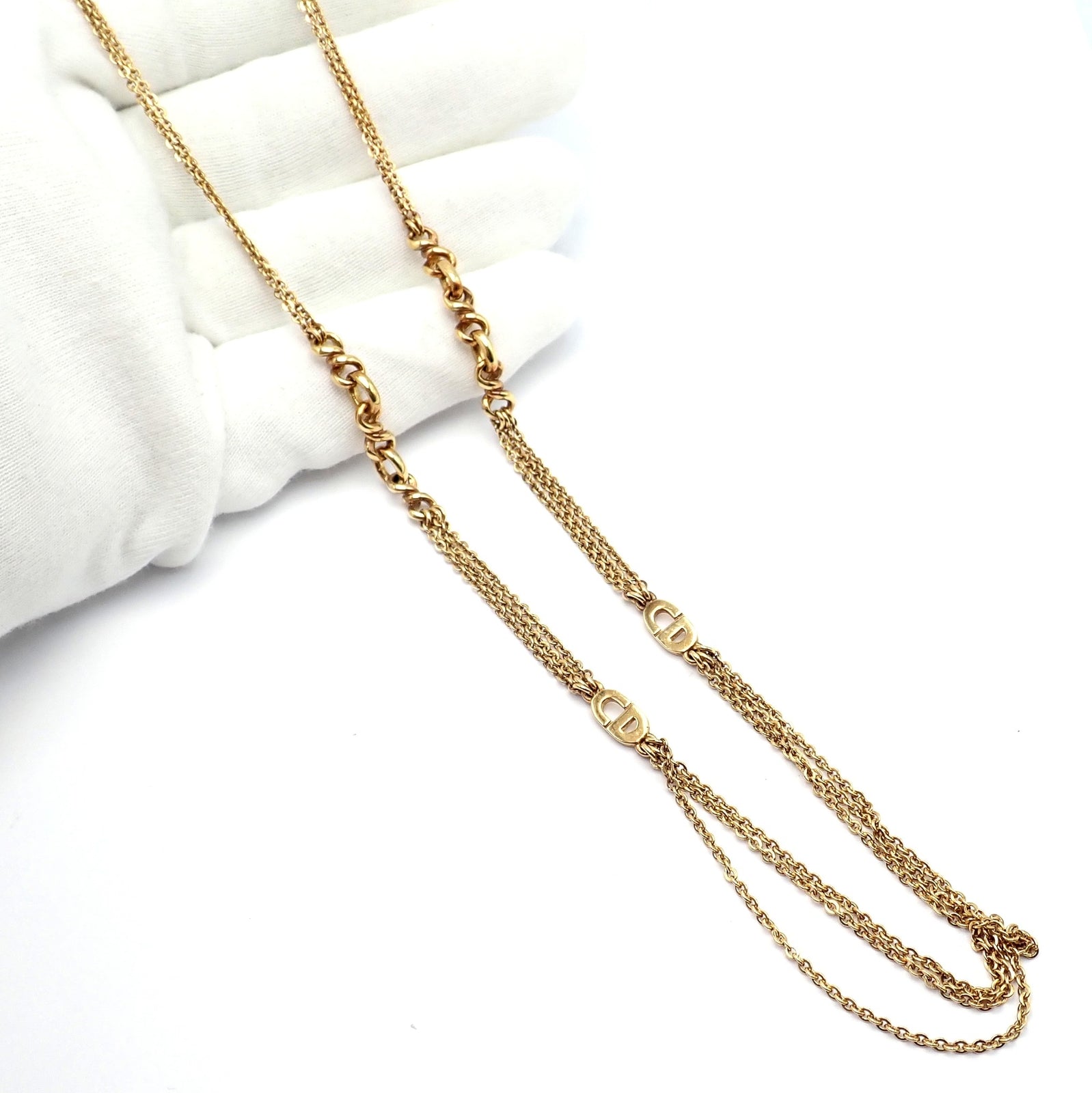 Vintage! Christian Dior Solid 18k Gold CD Three Strand 28" Long Necklace Germany | Fortrove