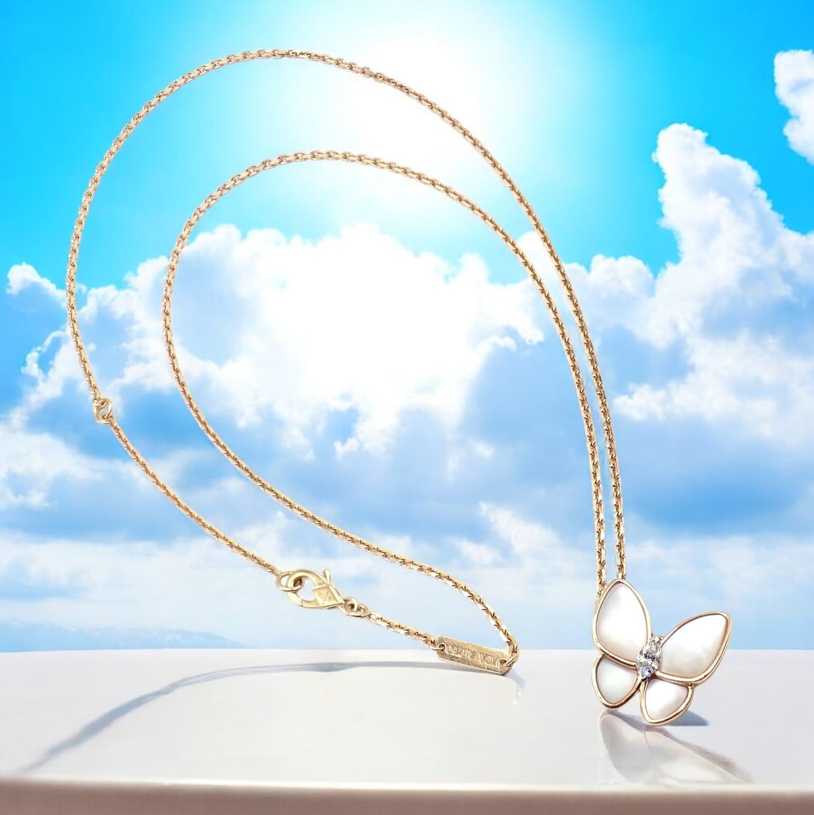 Van Cleef & Arpels Jewelry & Watches:Fine Jewelry:Necklaces & Pendants Van Cleef & Arpels 18k Rose Gold Diamond MoP Two Butterfly Pendant Necklace Cert