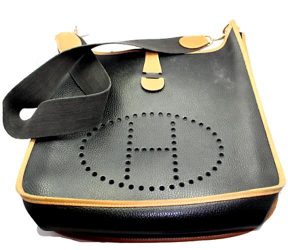 Authentic! Hermes Evelyne Black + Brown Trim Leather GM Handbag Purse | Fortrove