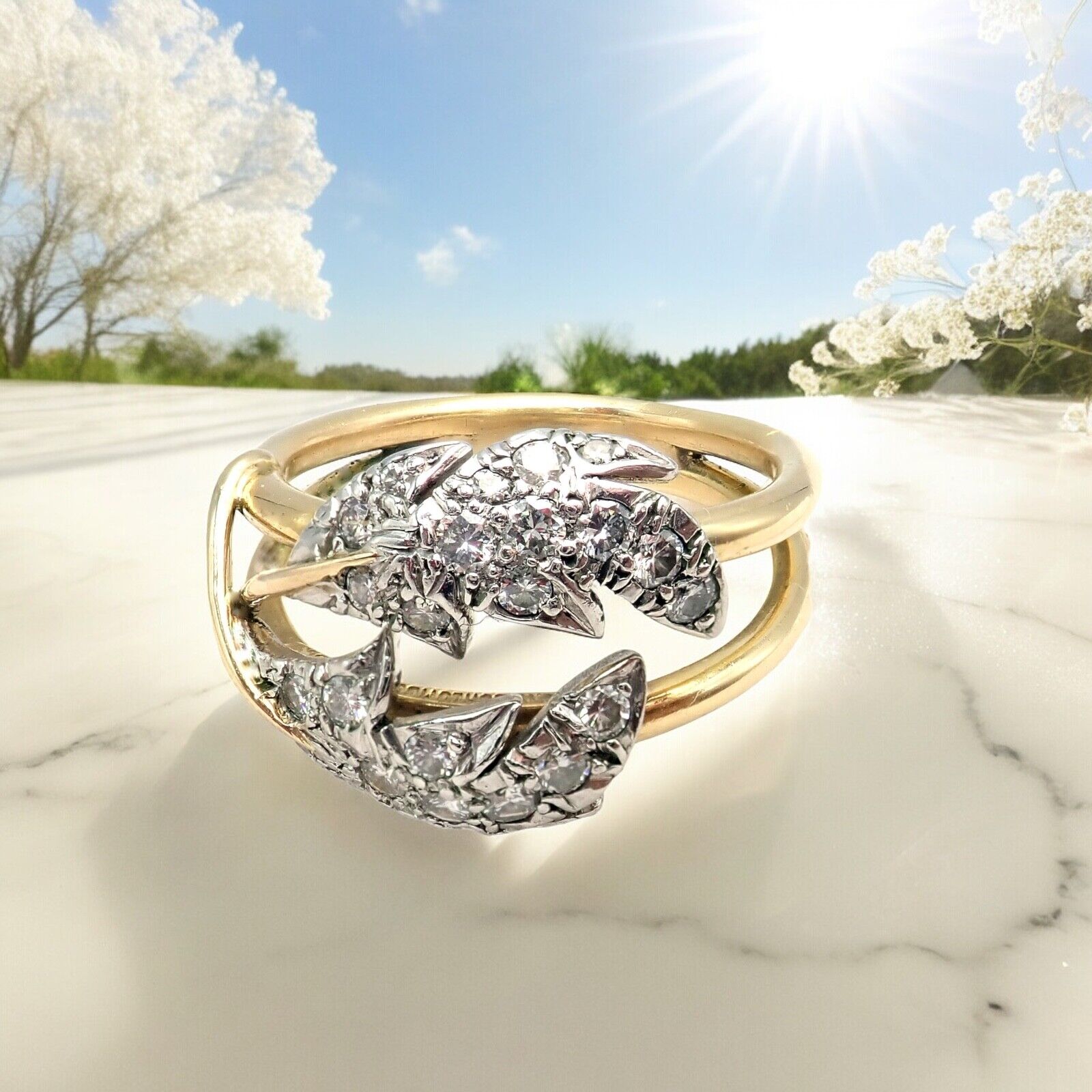 Authentic! Tiffany & Co. Schlumberger Diamond Yellow Gold Platinum Two Leaf Ring | Fortrove