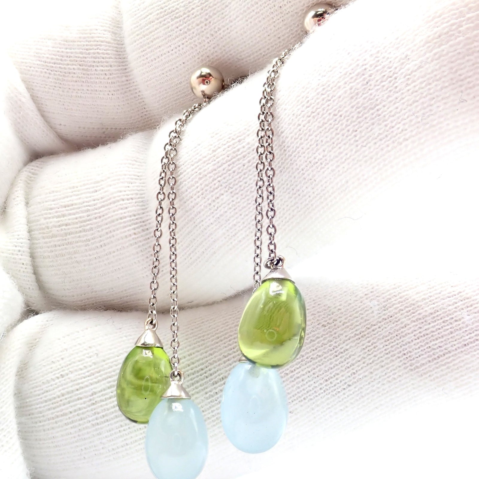 Authentic! Tiffany & Co 18k White Gold Rainbow Drop Peridot Chalcedony Earrings | Fortrove
