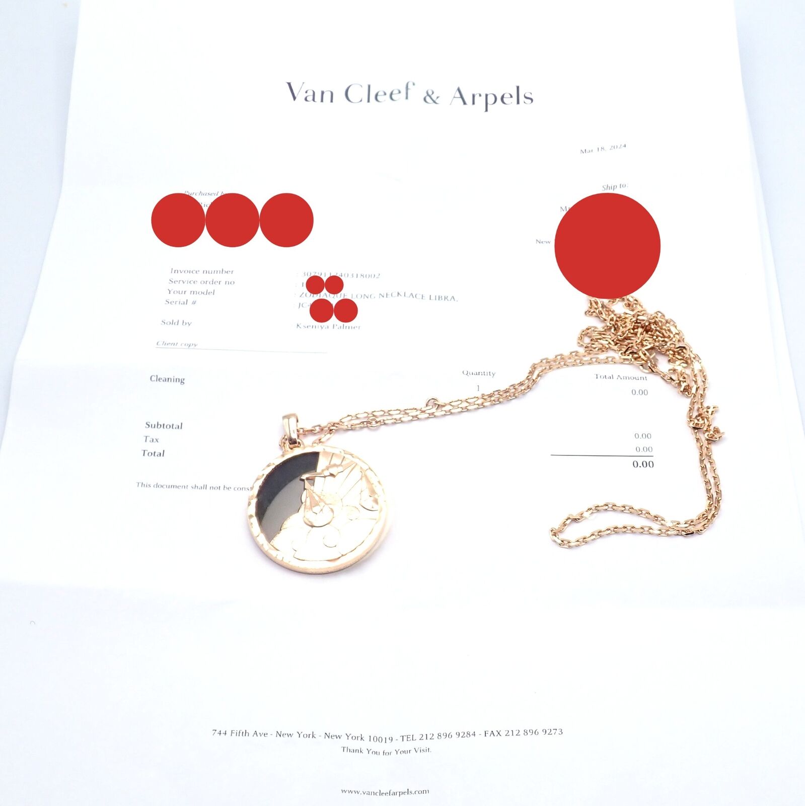 Van Cleef & Arpels Zodiaque18k Rose Gold Libra Pendant Obsidian Necklace Cert. | Fortrove