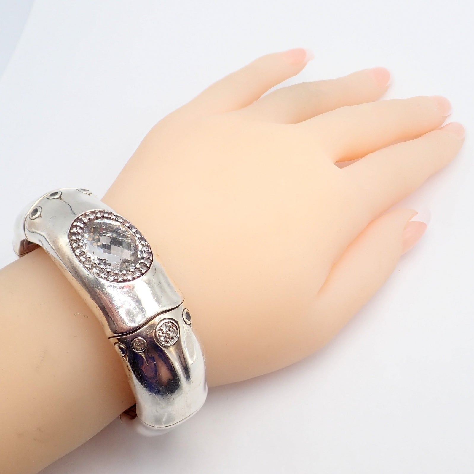 Authentic! John Hardy Silver White Topaz 30 Bamboo Large Cuff Bracelet | Fortrove