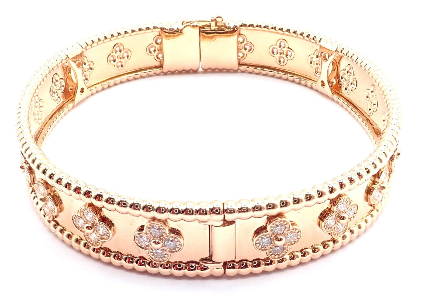 Authentic! Van Cleef & Arpels 18k Rose Gold Diamond Clovers Bangle Bracelet | Fortrove