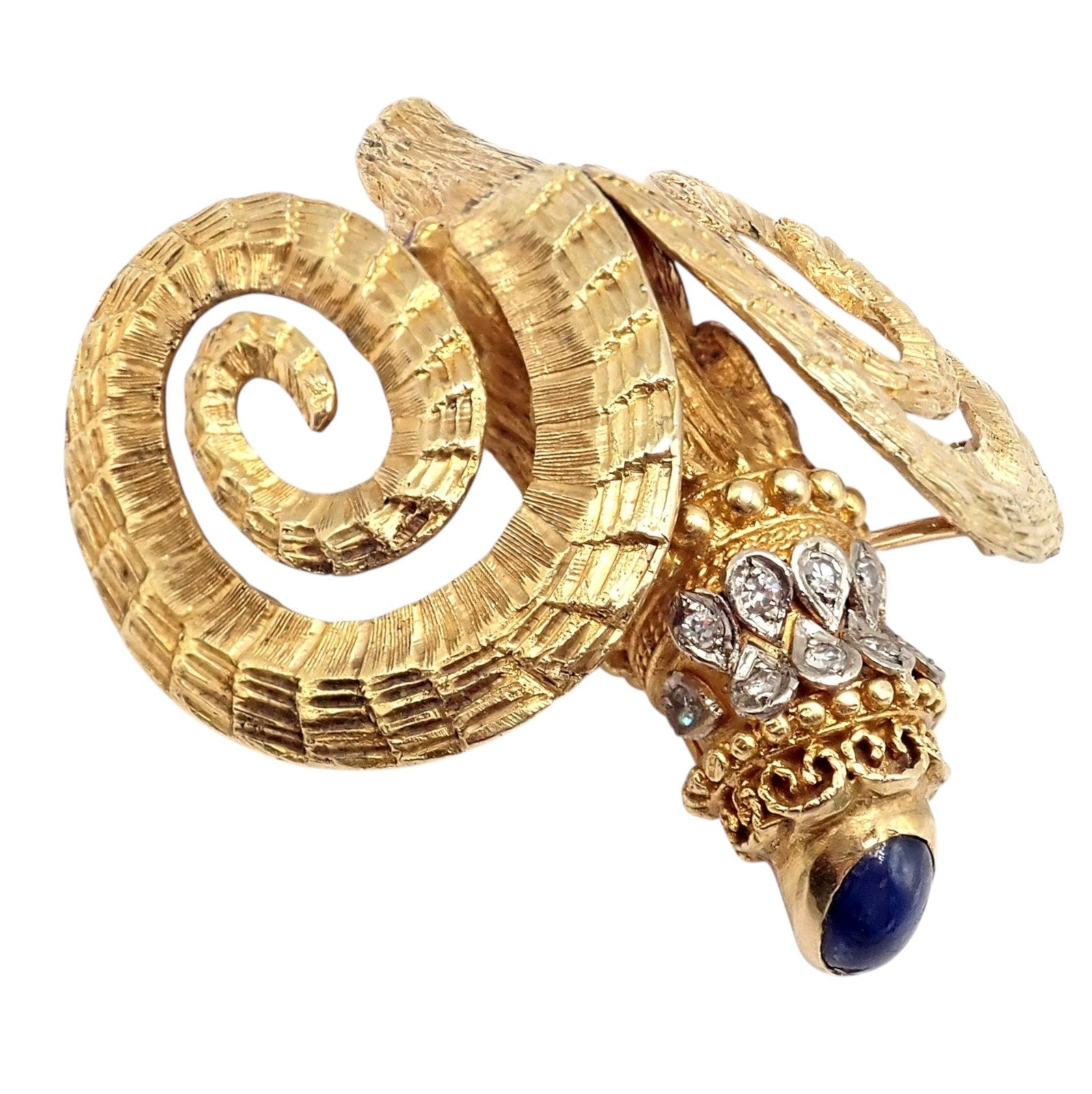 Rare Ilias Lalaounis 18k Yellow Gold Ram Ares Diamond Ruby Sapphire Large Brooch | Fortrove
