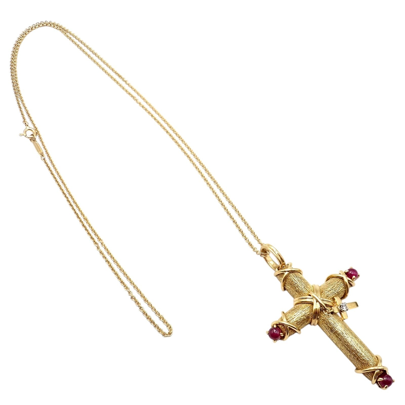Tiffany & Co Schlumberger 18k Yellow Gold Ruby Diamond Cross 24" Chain Necklace | Fortrove