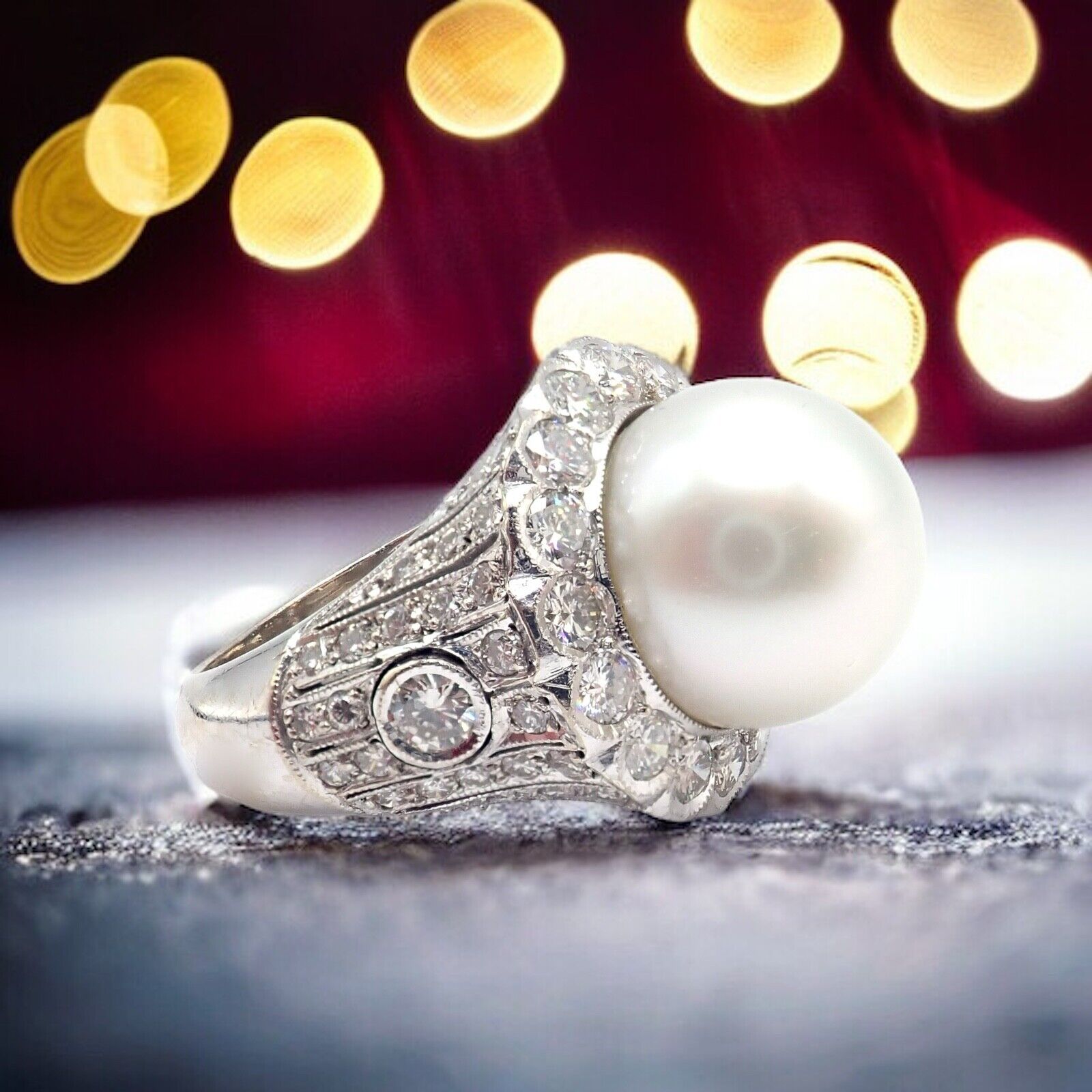 Vintage Estate 18k White Gold Diamond 12.5mm Pearl Cocktail Ring | Fortrove