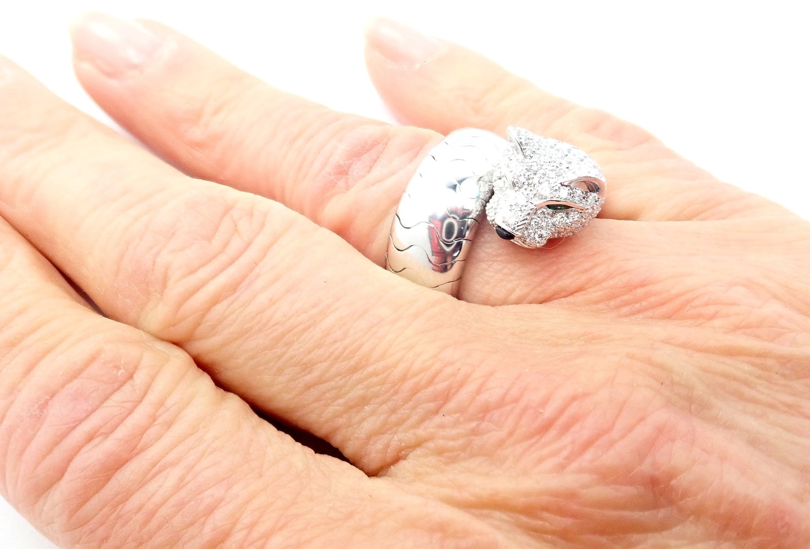 Cartier Jewelry & Watches:Fine Jewelry:Rings Authentic! Cartier Panther 18k White Gold Diamond Emerald Onyx Band Ring Cert.