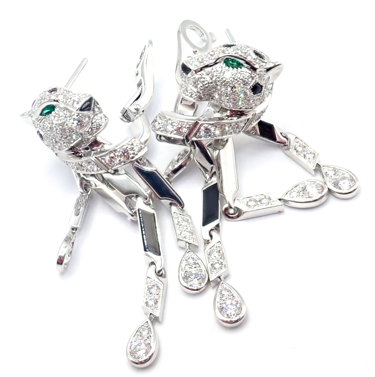 Authentic! Cartier Panthere Panther 18k White Gold Diamond Black Onyx Earrings | Fortrove