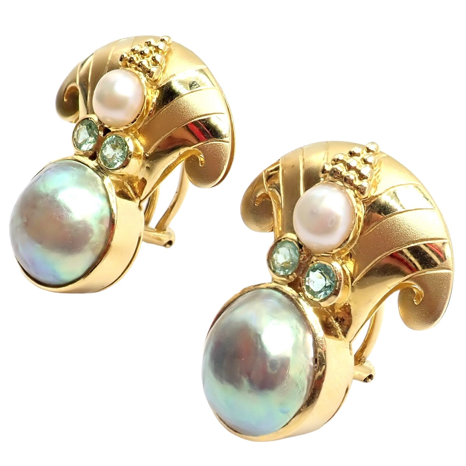 Rare! Vintage Paula Crevoshay 18k Gold Abalone Pearl Blue Gemstone Earrings OOAK | Fortrove