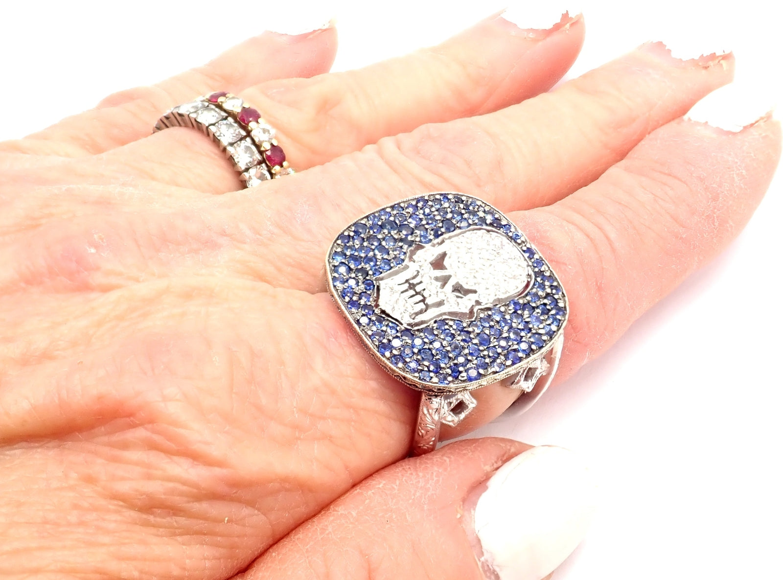 Authentic! Loree Rodkin 18k White Gold Diamond Sapphire Skull Ring Paper Box | Fortrove