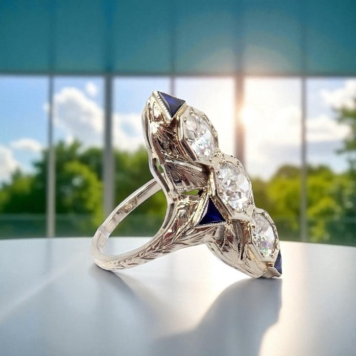 Estate Jewelry & Watches:Vintage & Antique Jewelry:Rings Vintage Estate 20k White Gold Diamond 2ctw Sapphire Art Deco Ring sz 7